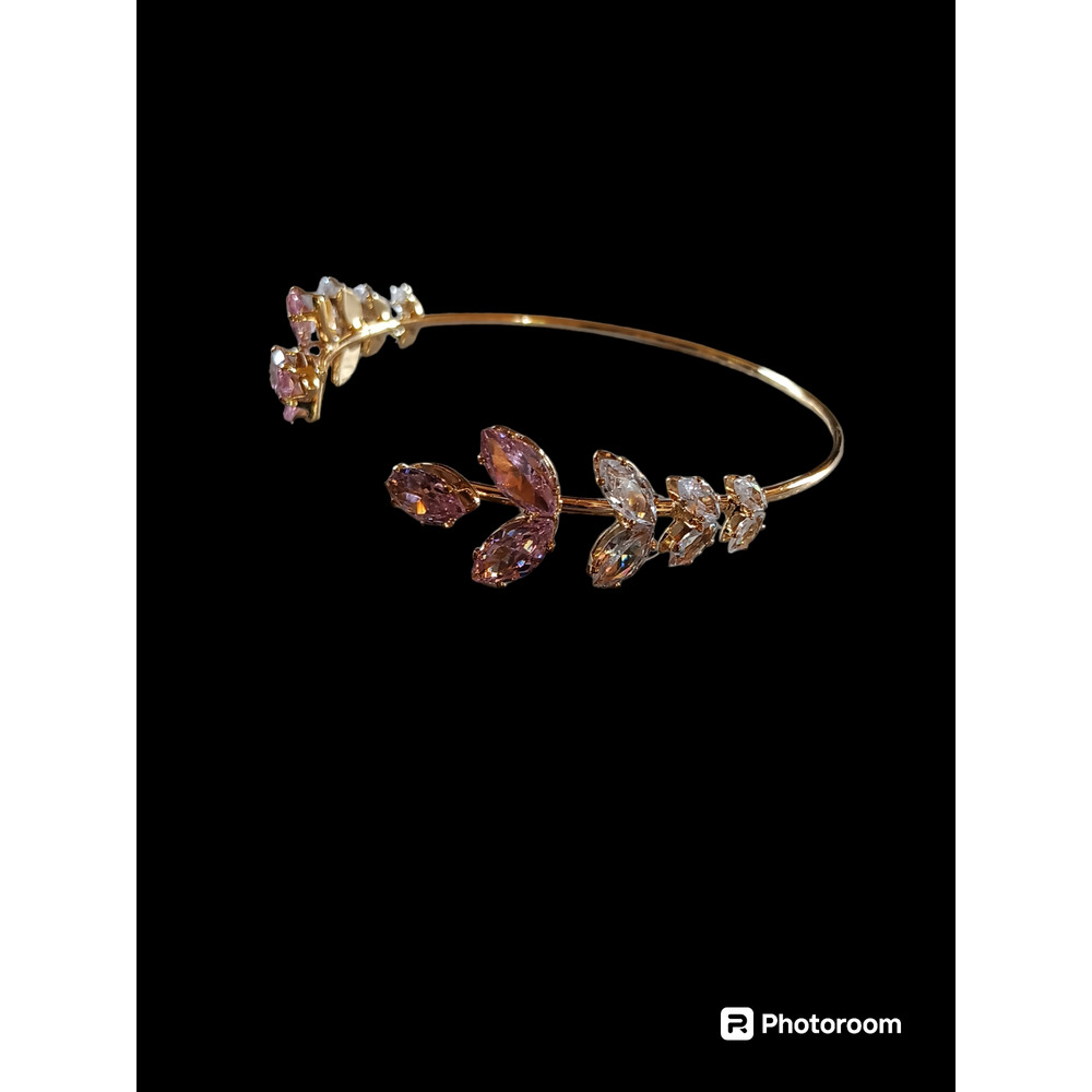 Pink Flower Rhinestone, Gold Bangle Bracelet